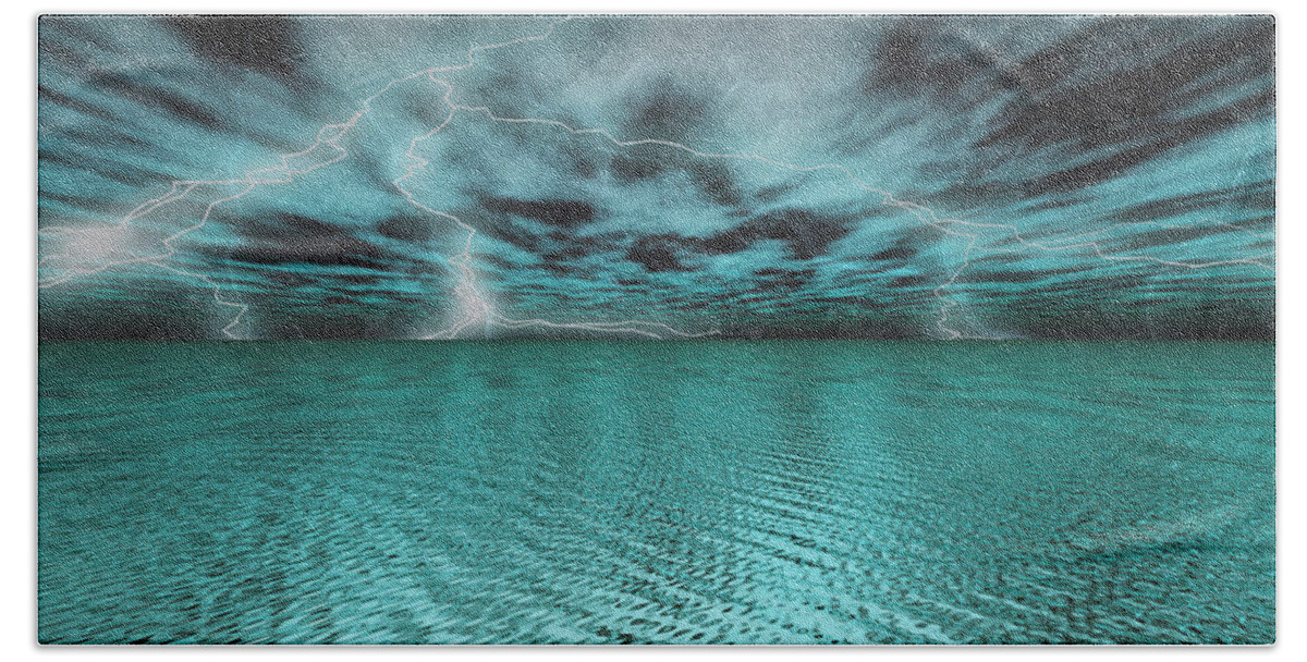 Lightning Beach Sheet featuring the digital art Lightning over the ocean by Nicholas Burningham