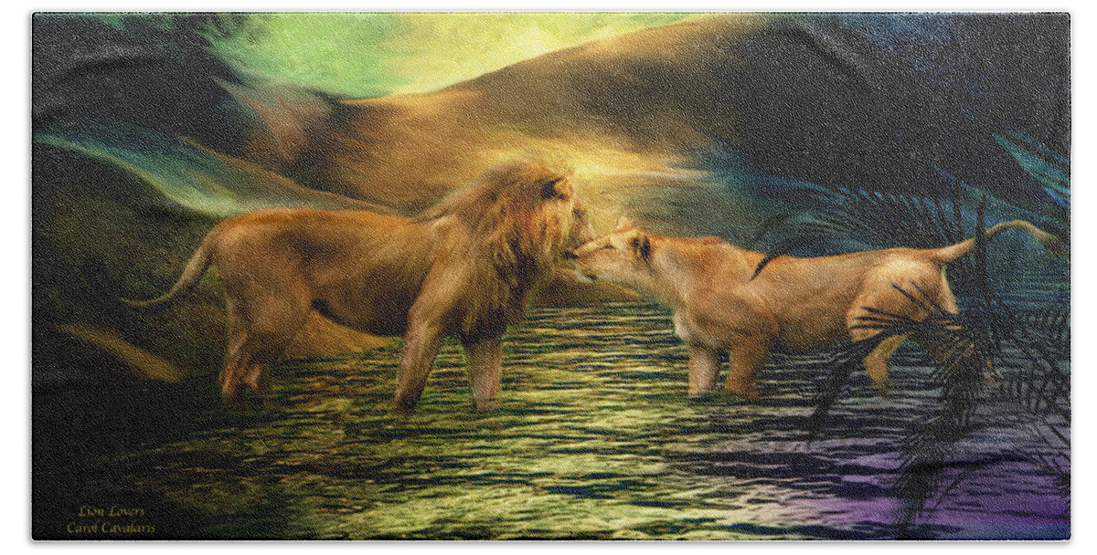 Lion Beach Towel featuring the mixed media Lion Lovers by Carol Cavalaris