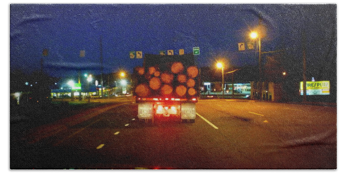 Log Beach Towel featuring the photograph Logging Truck Ahead by Renee Trenholm