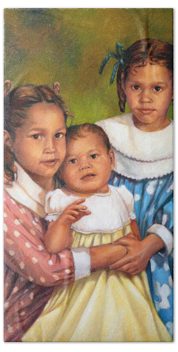  Beach Towel featuring the painting Loretta and Her Sisters by Nancy Tilles