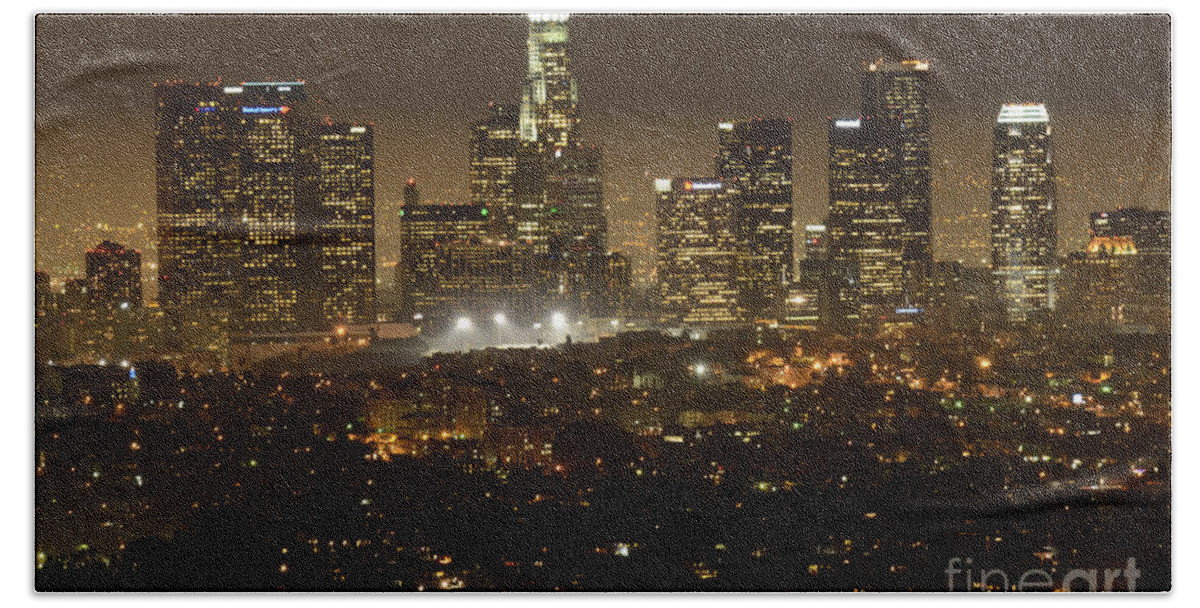 Los Angeles Beach Sheet featuring the photograph Los Angeles Skyline At Night by Bob Christopher