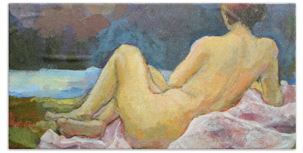 Lying Naked Woman. Painting Beach Towel featuring the painting Lying Naked Woman by Johannes Strieder