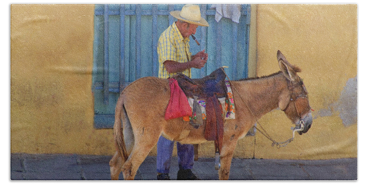 Cuba Beach Towel featuring the photograph Man and a Donkey by Lynn Bolt