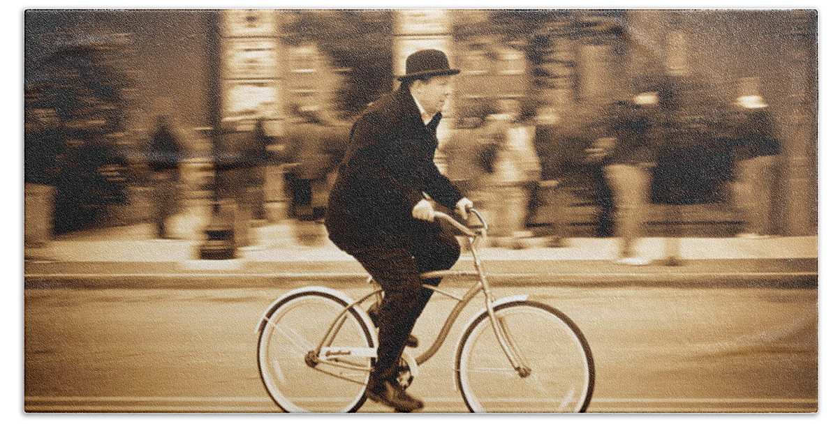 Man Bike Street Photography Sepia Beach Towel featuring the photograph Man on Bike by Keith Allen