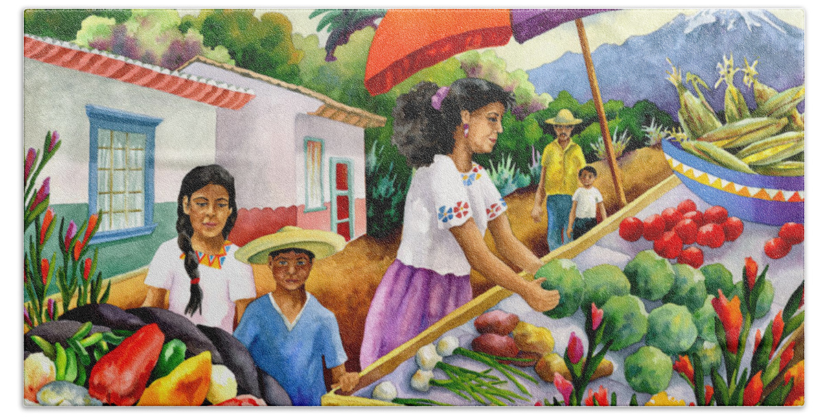Marketplace Painting Beach Towel featuring the painting Mexican Marketplace by Anne Gifford