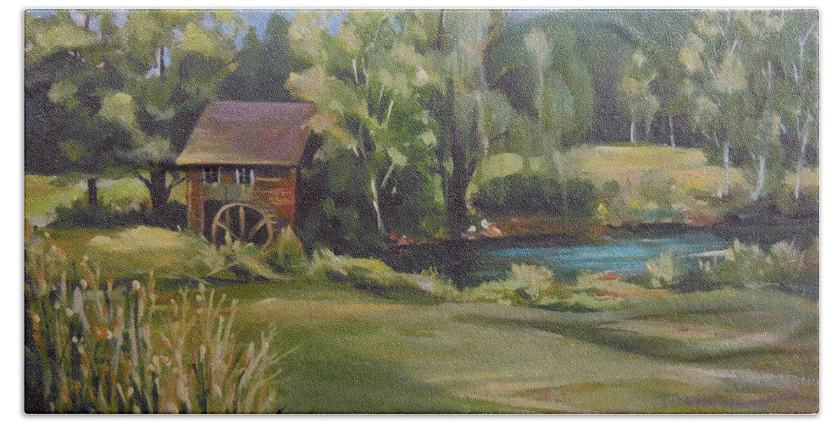 Mill Beach Towel featuring the painting Mill by the Stream by Nancy Griswold