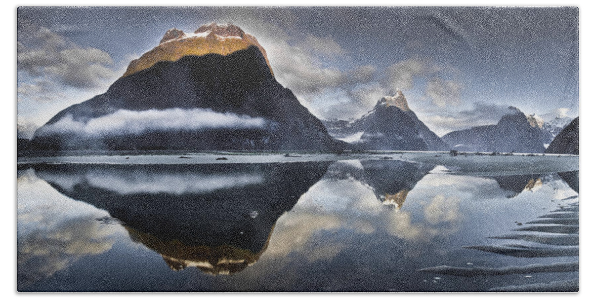 00438696 Beach Towel featuring the photograph Mitre Peak Reflecting In Milford Sound by Colin Monteath