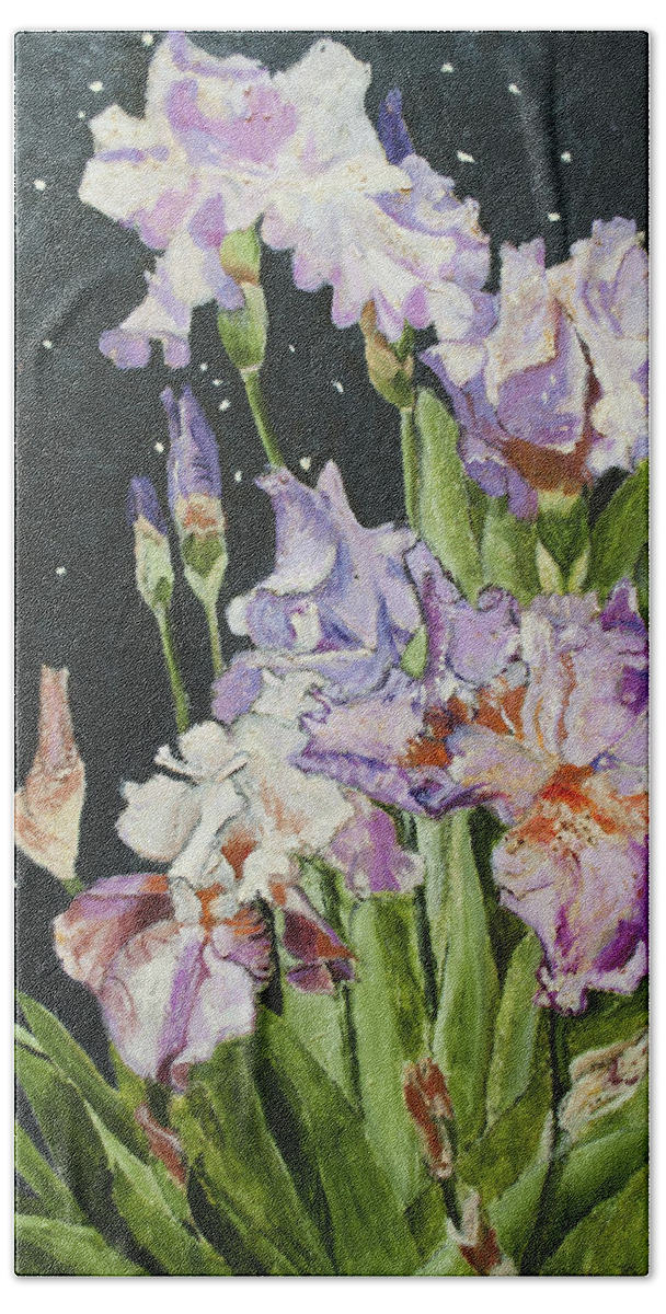 Iris Beach Towel featuring the painting Mom's Night Iris by Mickey Krause