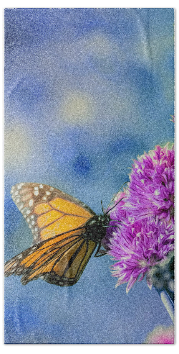 Butterfly Beach Towel featuring the photograph Monarch Blues on Chives by Bill and Linda Tiepelman