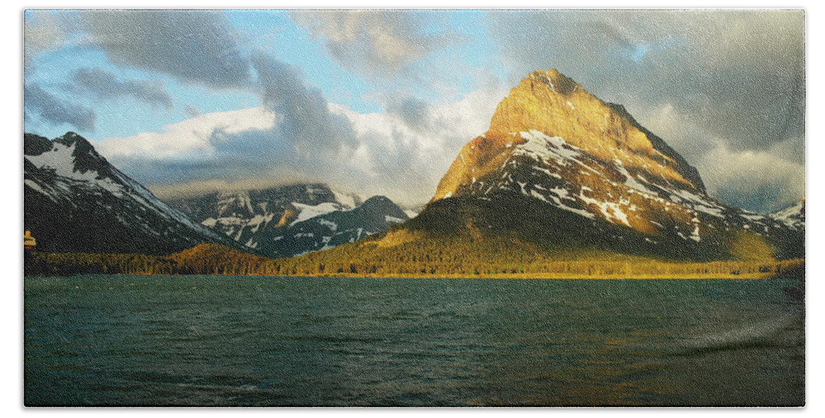 Mountains Beach Towel featuring the photograph Mountains At Many Glacier by Jeff Swan