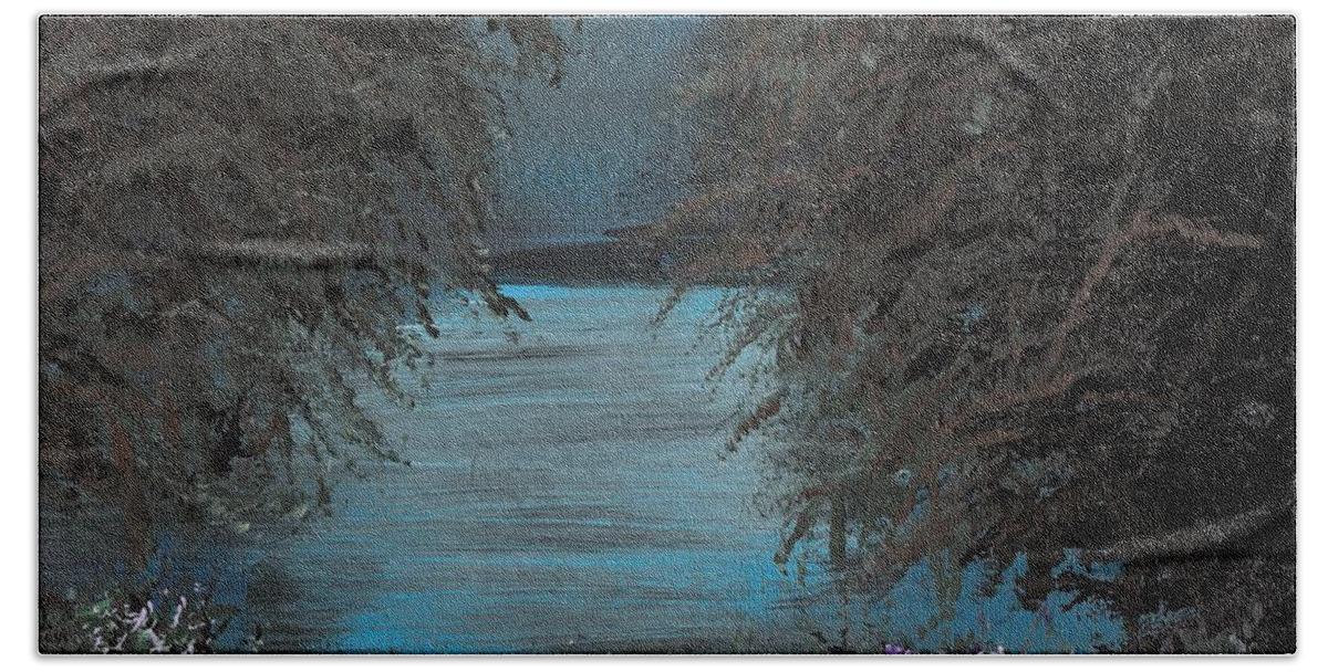 Landscape Beach Towel featuring the painting Night In The Bayou by Alys Caviness-Gober