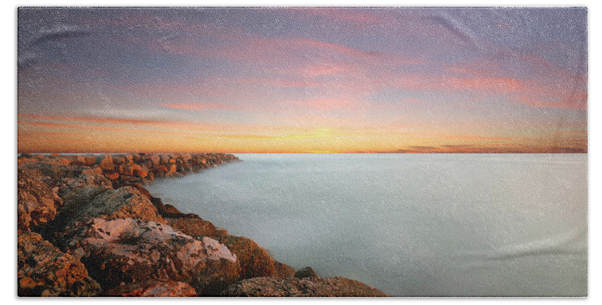 Clouds Beach Towel featuring the photograph Oceanside Harbor Jetty Sunset by Larry Marshall