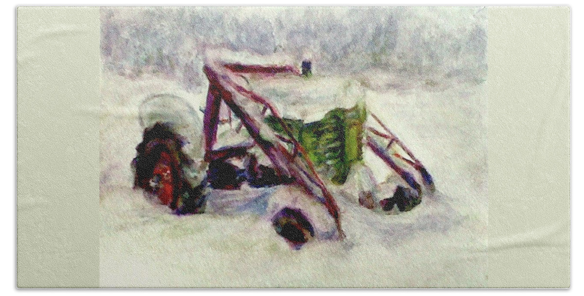 John Deere A Beach Towel featuring the painting Old John Deere in Snow - Watercolor Painting by Quin Sweetman
