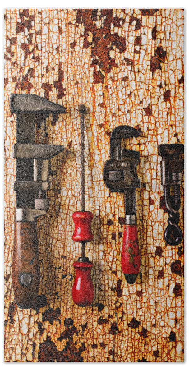 Tool Beach Towel featuring the photograph Old tools on rusty counter by Garry Gay