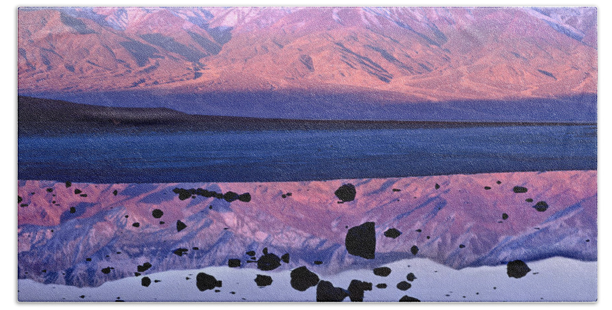 00175897 Beach Towel featuring the photograph Panamint Range Reflected In Standing by Tim Fitzharris