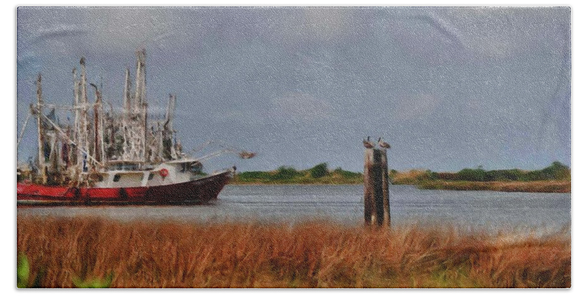 Alabama Photographer Beach Towel featuring the digital art Pelican and the Red Shrimpboat by Michael Thomas