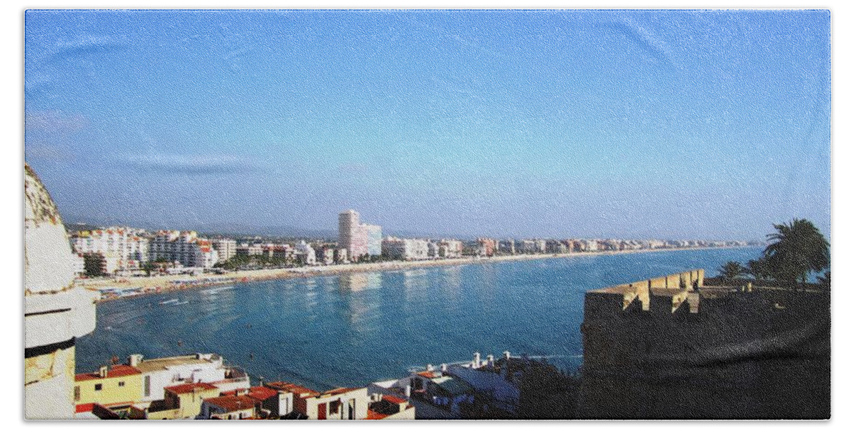 Peniscola Beach Towel featuring the photograph Peniscola Beach Panoramic View Water Reflection At the Mediterranean Water Front Homes in Spain by John Shiron