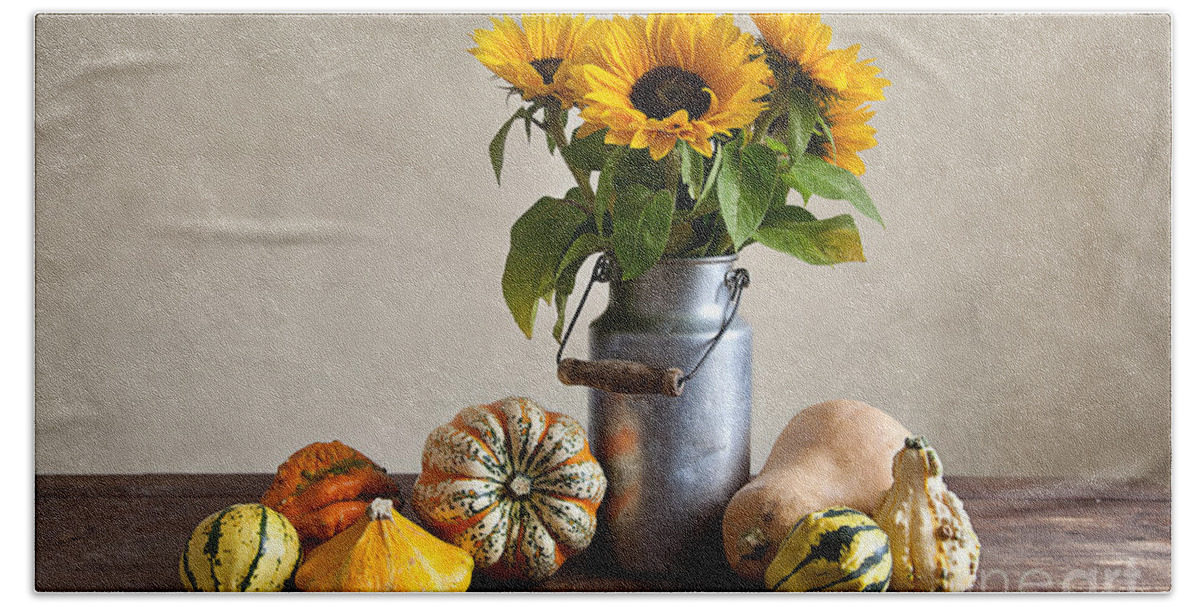 Autumn Beach Towel featuring the photograph Pumpkins and Sunflowers by Nailia Schwarz