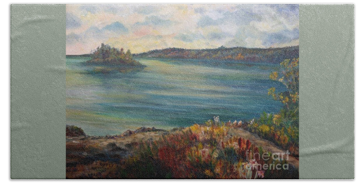 Lake Beach Sheet featuring the painting Rainy Lake Michigan by Julie Brugh Riffey