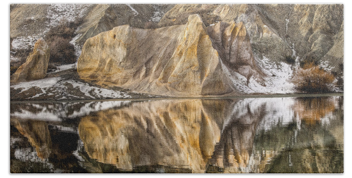 00445354 Beach Towel featuring the photograph Reflections Of Clay Cliffs In Blue Lake by Colin Monteath