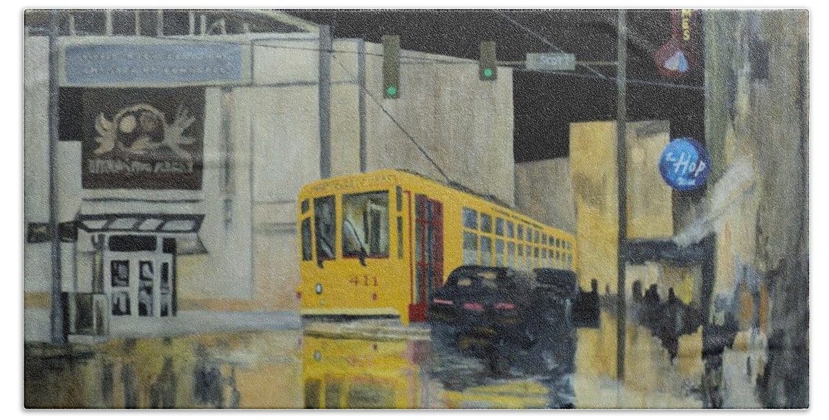 Little Rock Streetcar Beach Sheet featuring the painting RiverMarket Streetcar 411 by Angelo Thomas