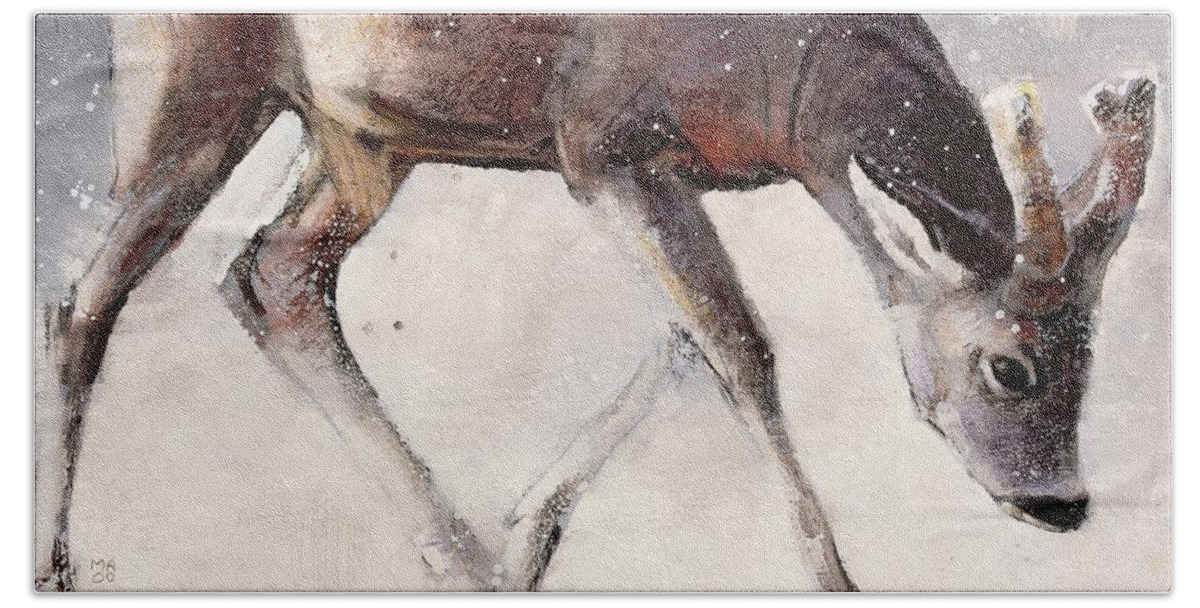 Deer; Horn; Horns; Horned; Snow; Snowing; Snowy; Mammal; Wild; Animal; Winter; Winter Time Beach Towel featuring the painting Roe Buck - Winter by Mark Adlington 
