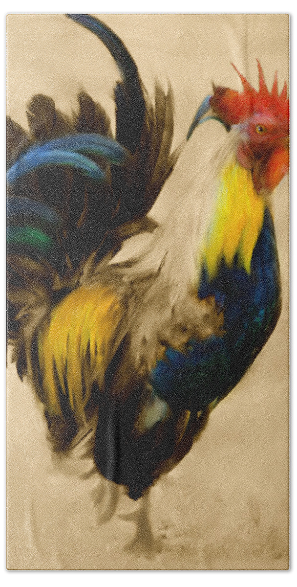 Rooster Beach Towel featuring the painting Rooster On The Prowl 2 - Vintage Tonal by Georgiana Romanovna