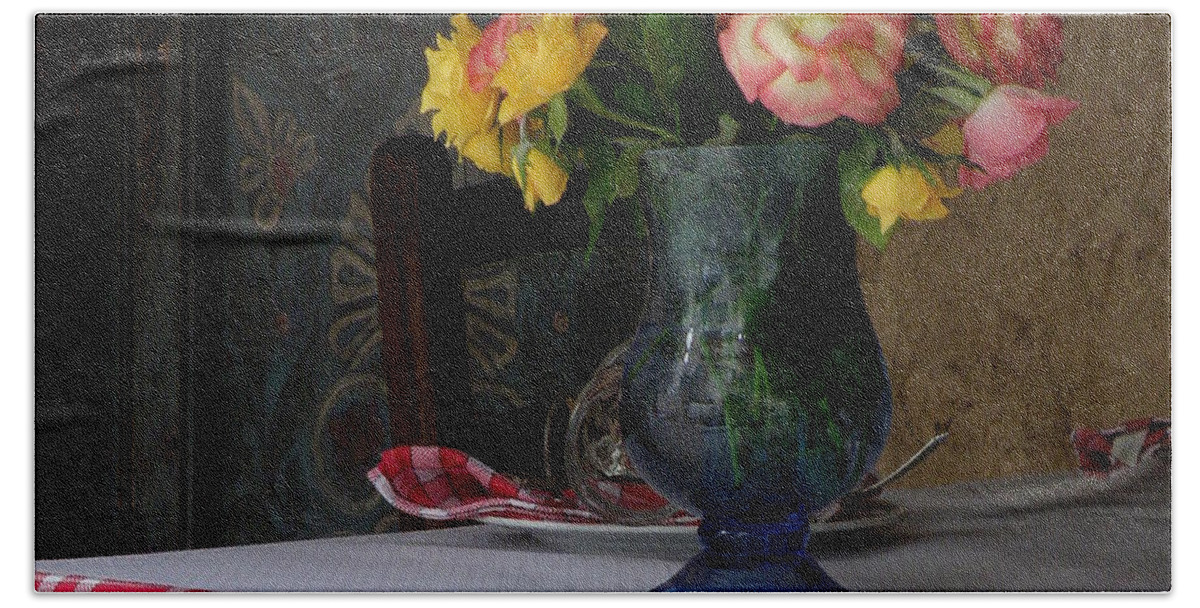 Roses Beach Sheet featuring the photograph Roses in Blue Glass Vase by Lainie Wrightson