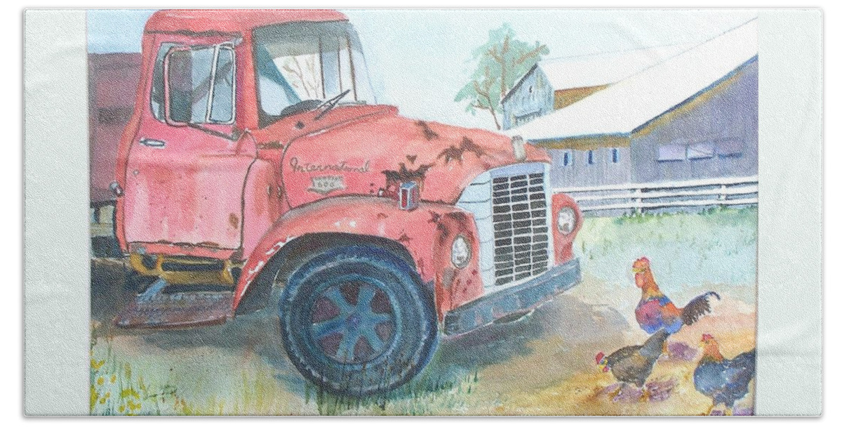 Truck Beach Sheet featuring the painting Rusty Truck in the Barnyard by Christine Lathrop