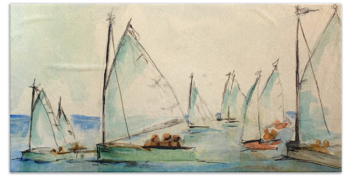 Paintings Beach Towel featuring the painting Sailors in a runabout by Julie Lueders 