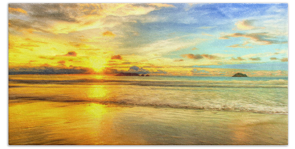 Sunrise Beach Towel featuring the painting Seychelles Sunrise by Dominic Piperata