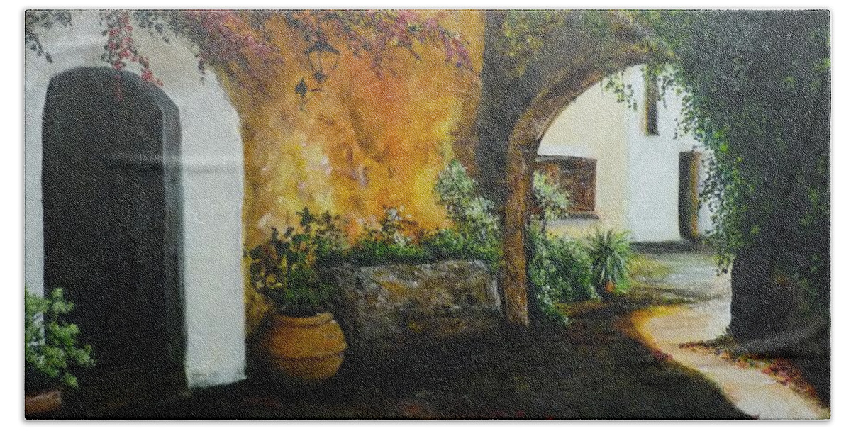 Archway Beach Towel featuring the painting Spanish Patio by Lizzy Forrester
