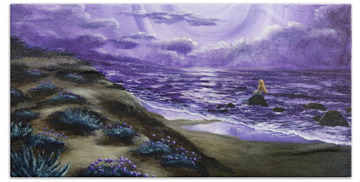 Seascape Beach Towel featuring the painting Spying a Mermaid from Flowering Sand Dunes by Laura Iverson