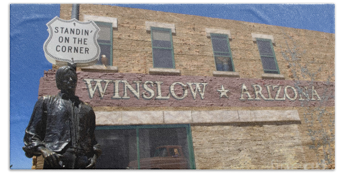 Winslow Arizona Beach Towel featuring the photograph Standin On The Corner In Winslow Arizona by Bob Christopher