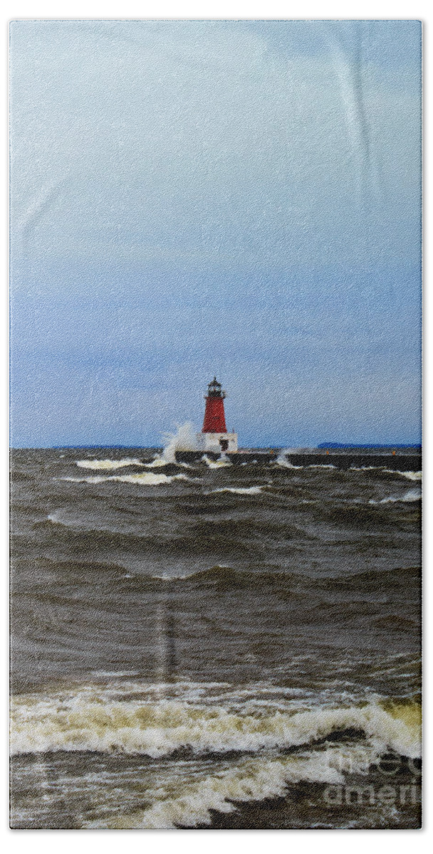 Storm Sandy Beach Towel featuring the photograph Storm Sandy Effects Menominee Lighthouse by Ms Judi