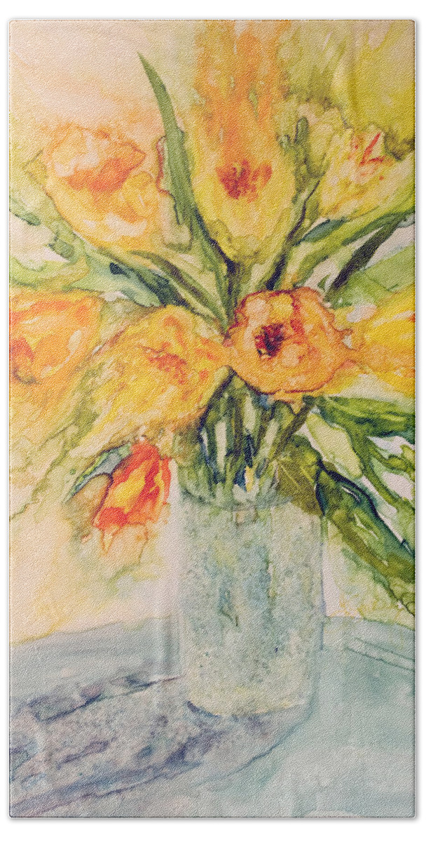 Tulips Beach Towel featuring the painting Sunny Bouquet by Jo Smoley