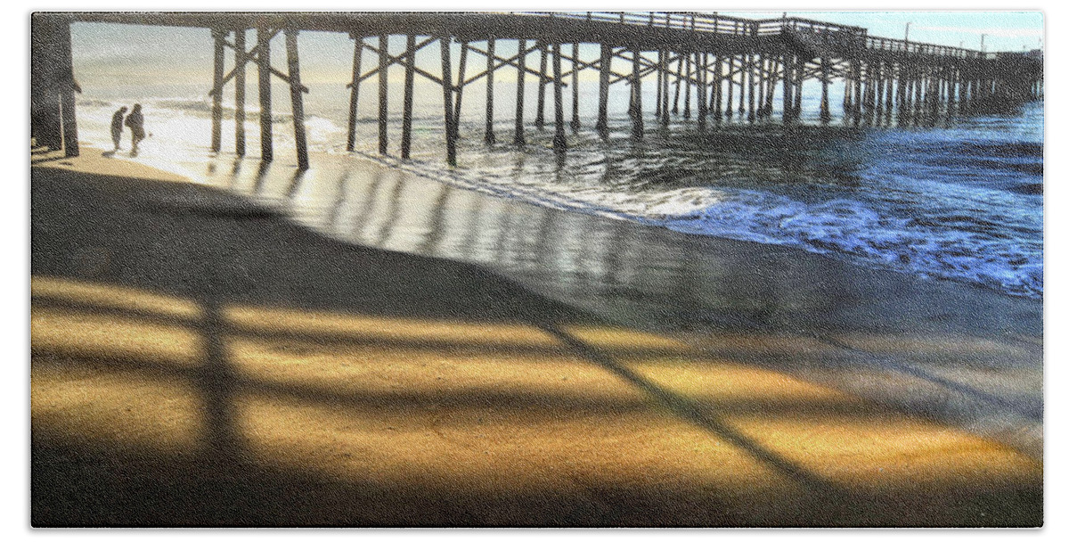 Balboa Pier Beach Towel featuring the photograph Sunrise Trestle by Richard Omura