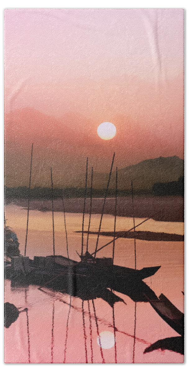 Abstract Beach Towel featuring the photograph sunset at Mae Khong river by Setsiri Silapasuwanchai