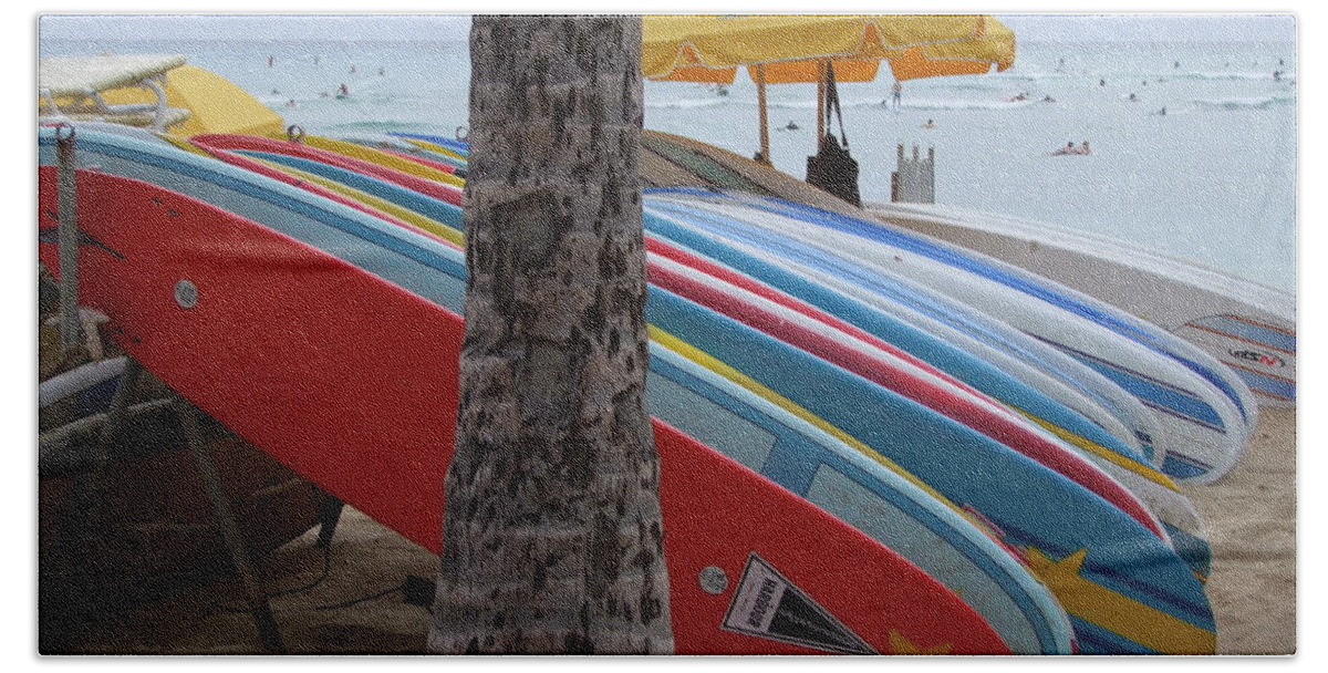 Mary Deal Beach Towel featuring the photograph Surfboards on Waikiki Beach by Mary Deal