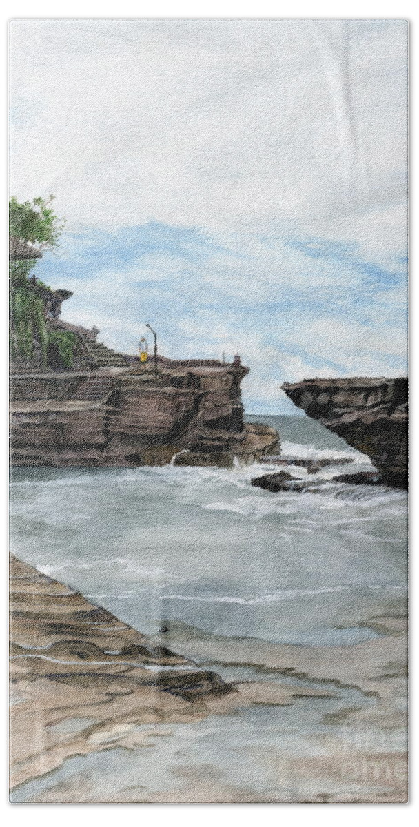 Bali Beach Sheet featuring the painting Tanah Lot Temple II Bali Indonesia by Melly Terpening