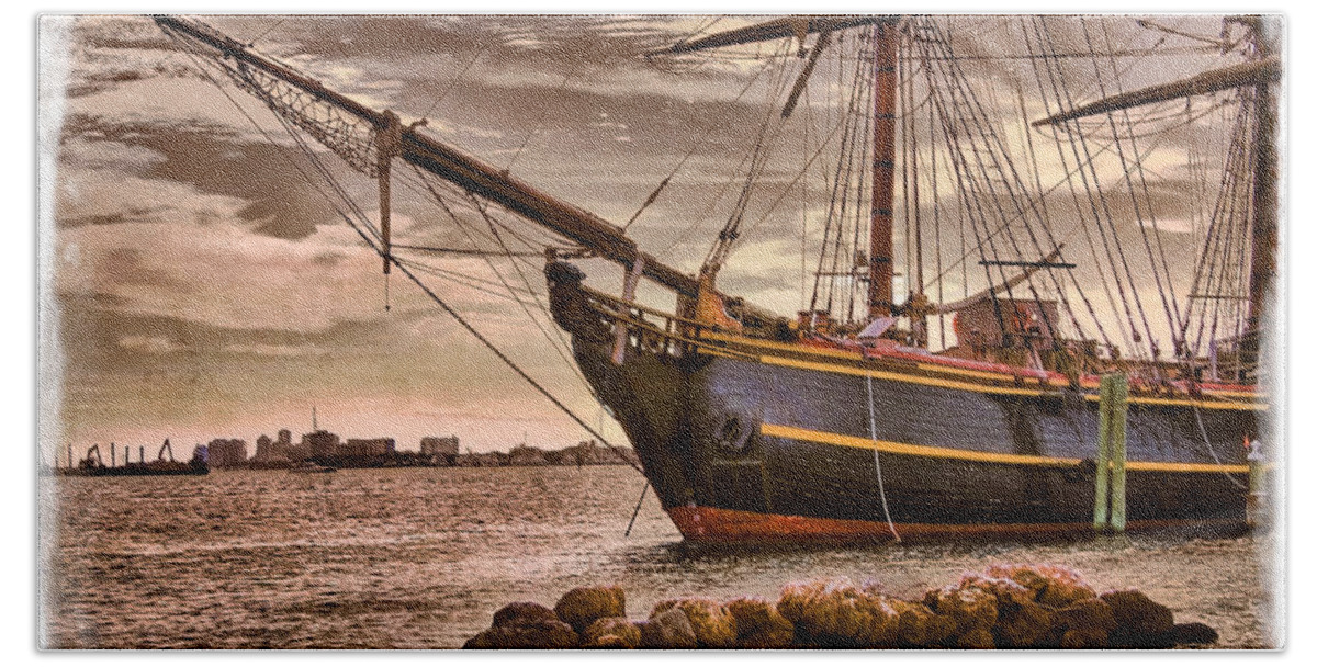 Boats Beach Towel featuring the photograph The Bow of the HMS Bounty by Debra and Dave Vanderlaan