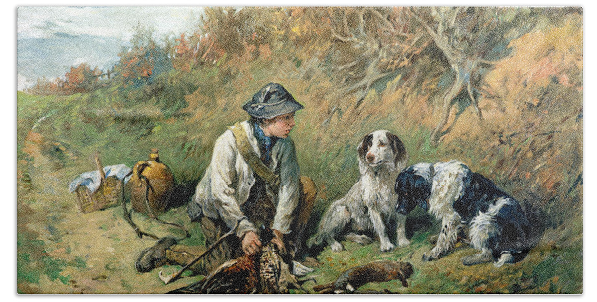 Pheasant; Rabbit; Hare; Gamekeeper; Bird; Shoot; Dog; Dogs; Game Keeper Beach Sheet featuring the painting The Day's Bag by John Emms