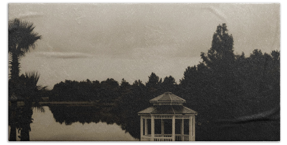 Lake Beach Sheet featuring the photograph The Gazebo at the Lake by DigiArt Diaries by Vicky B Fuller