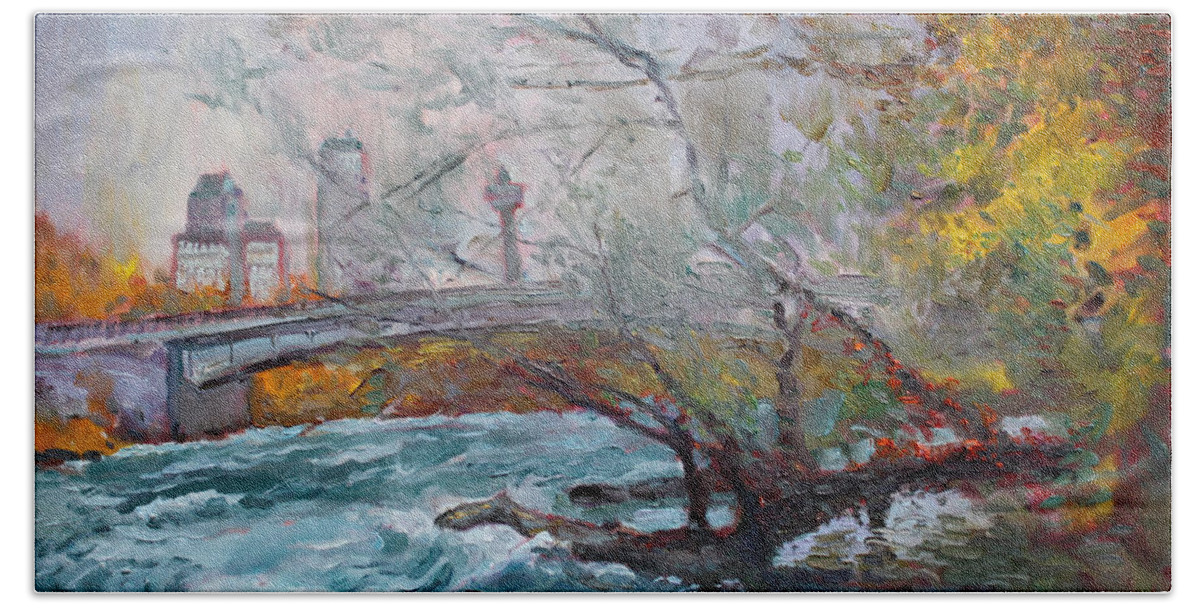 Niagara Falls River Beach Towel featuring the painting ....then the Rain Started by Ylli Haruni