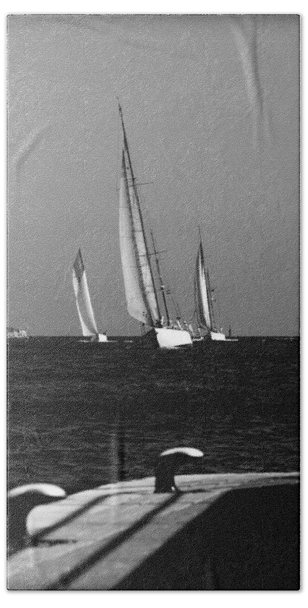 Sailboat Beach Sheet featuring the photograph Three Black And White Sail Boats by Pedro Cardona Llambias