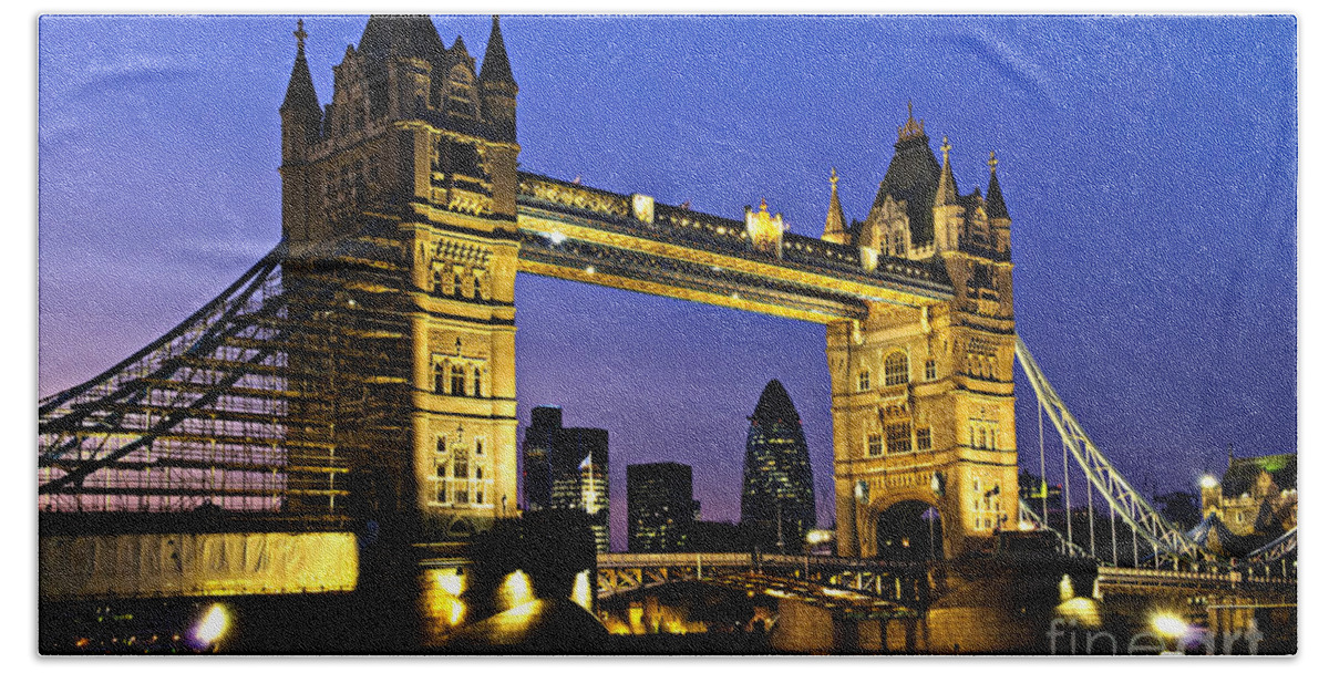 Tower Beach Towel featuring the photograph Tower bridge in London at night by Elena Elisseeva