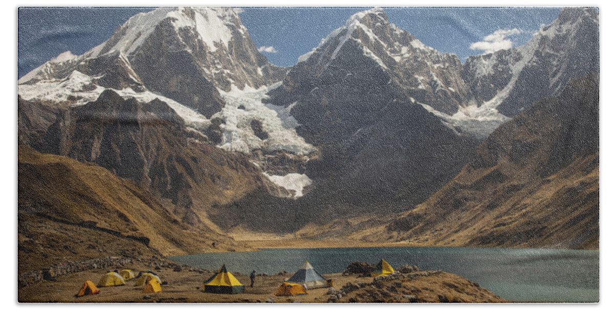 00498203 Beach Towel featuring the photograph Trekkers Camp Near Carhuacocha Lake by Colin Monteath