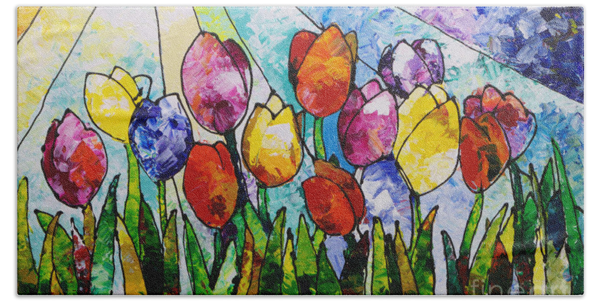 Tulips Beach Towel featuring the painting Tulips on Parade by Sally Trace