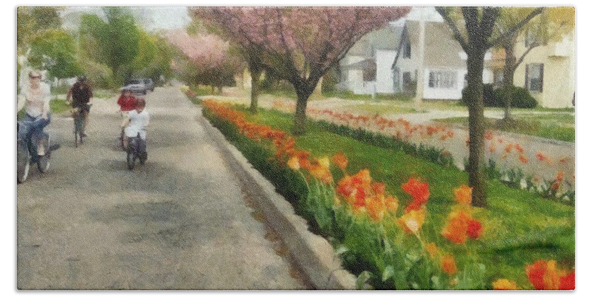 Holland Beach Towel featuring the photograph Tulips on the Boulevard Holland Michigan by Michelle Calkins