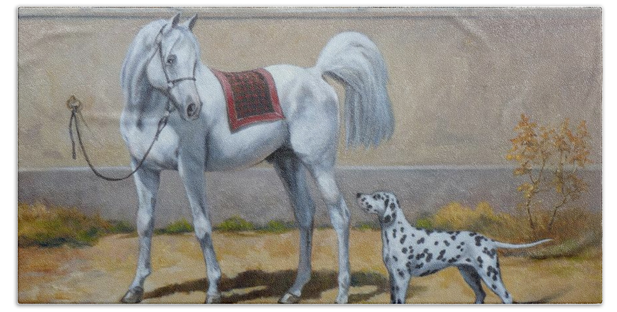 Horse Beach Sheet featuring the painting Two buddies by Irek Szelag